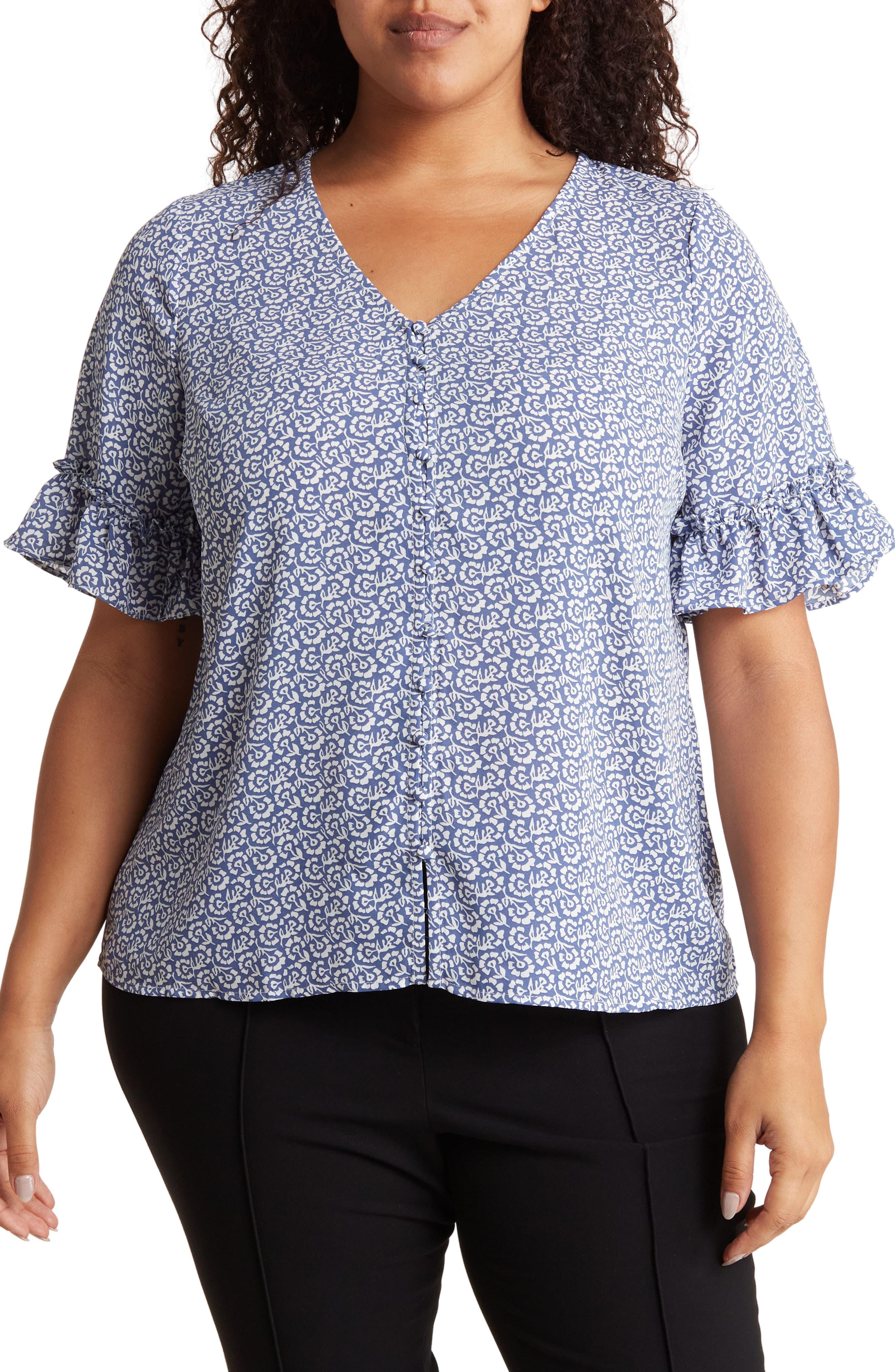 CeCe Double Flutter Sleeve Button Front Blouse