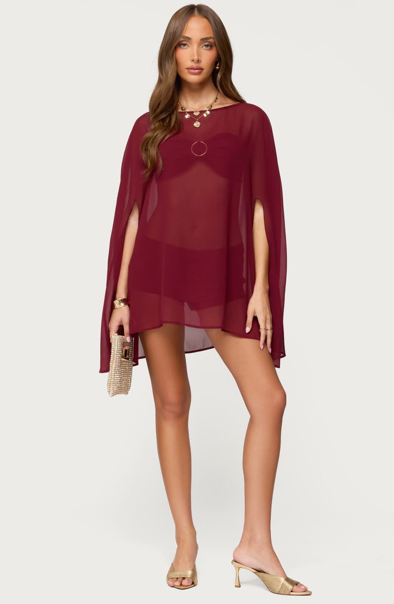 EDIKTED Mckenzie Sheer Chiffon Poncho, Alternate, color, Burgundy