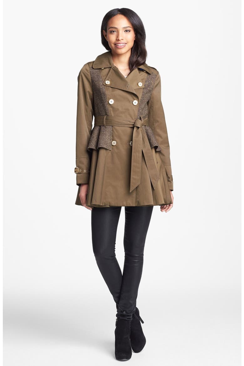 Tweed Panel Peplum Trench Coat, Main, color, OLIVE