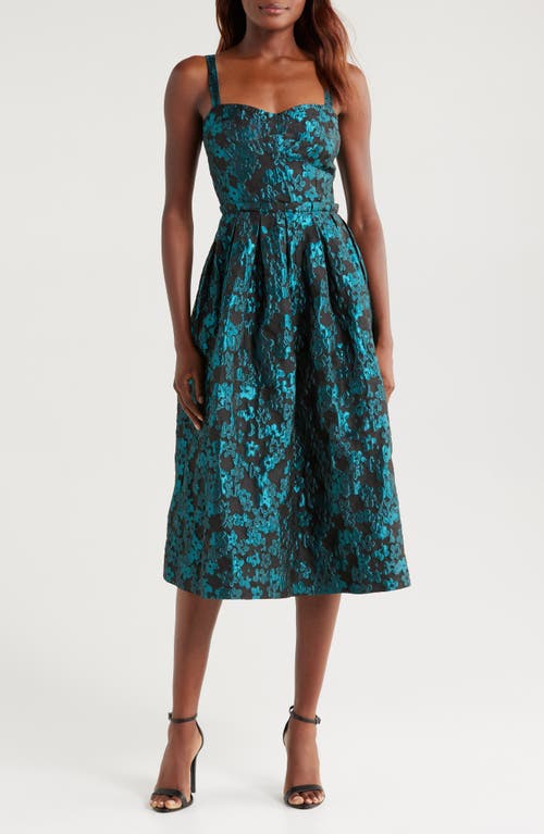 Mila Mae Metallic Floral Jacquard Midi Dress in Black Teal 