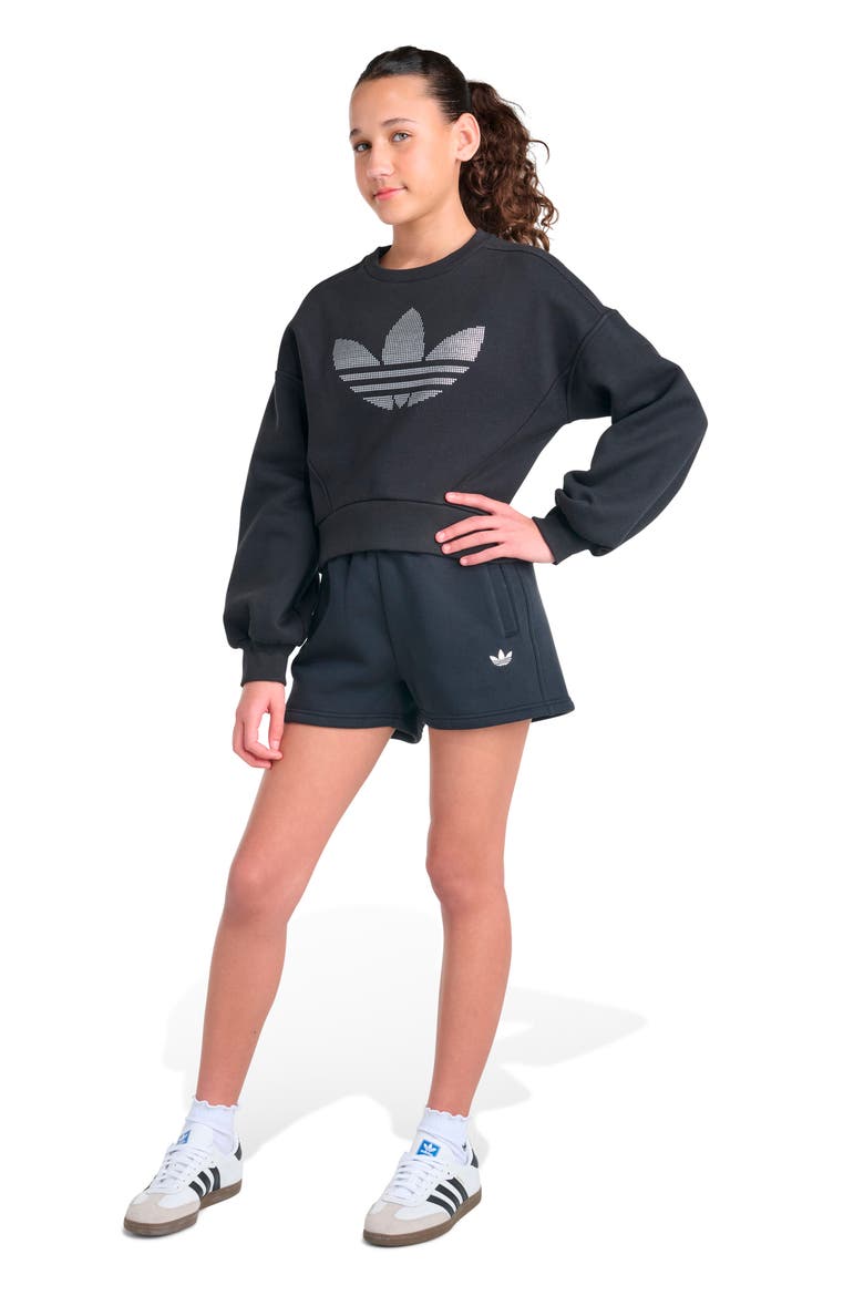 Kids' Glitter Trefoil Fleece Graphic Sweatshirt, Alternate, color, BLACK