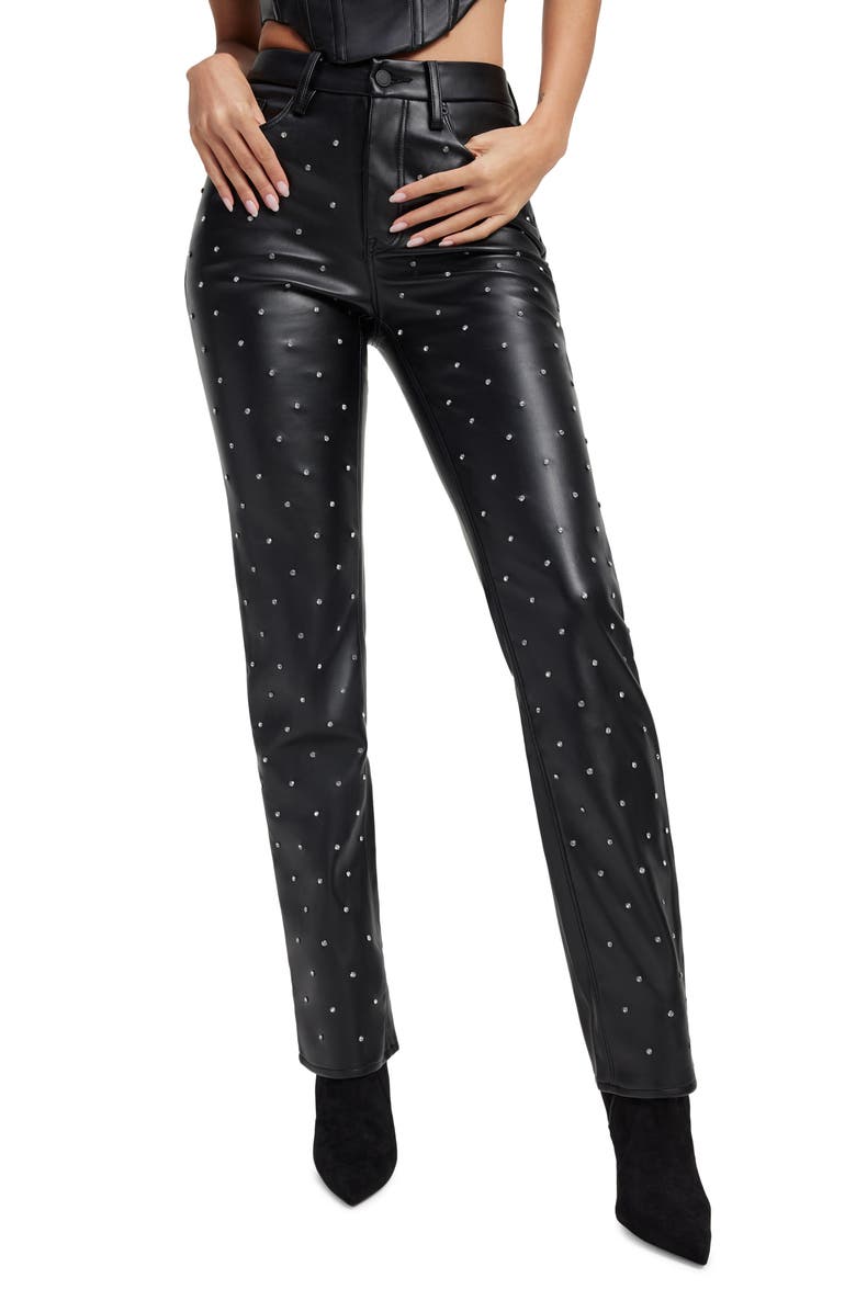 Good American Good Icon Crystal Embellished Faux Leather Straight Leg Pants, Main, color, 