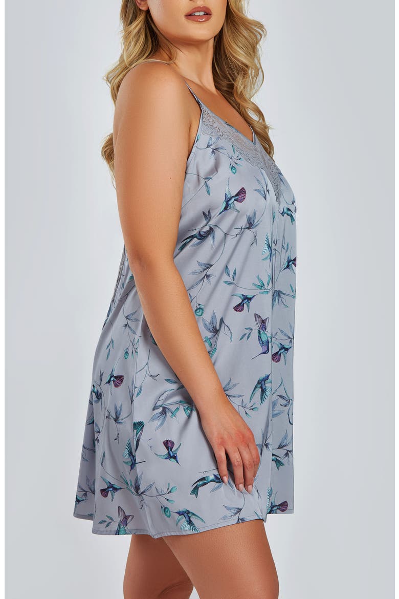 Elegant Hummingbird Print Satin Chemise with Lace Accent, Alternate, color, GRAY