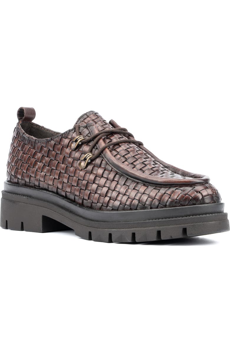 VINTAGE FOUNDRY Clotilde Woven Leather Moc Toe Derby Loafer, Main, color, Brown