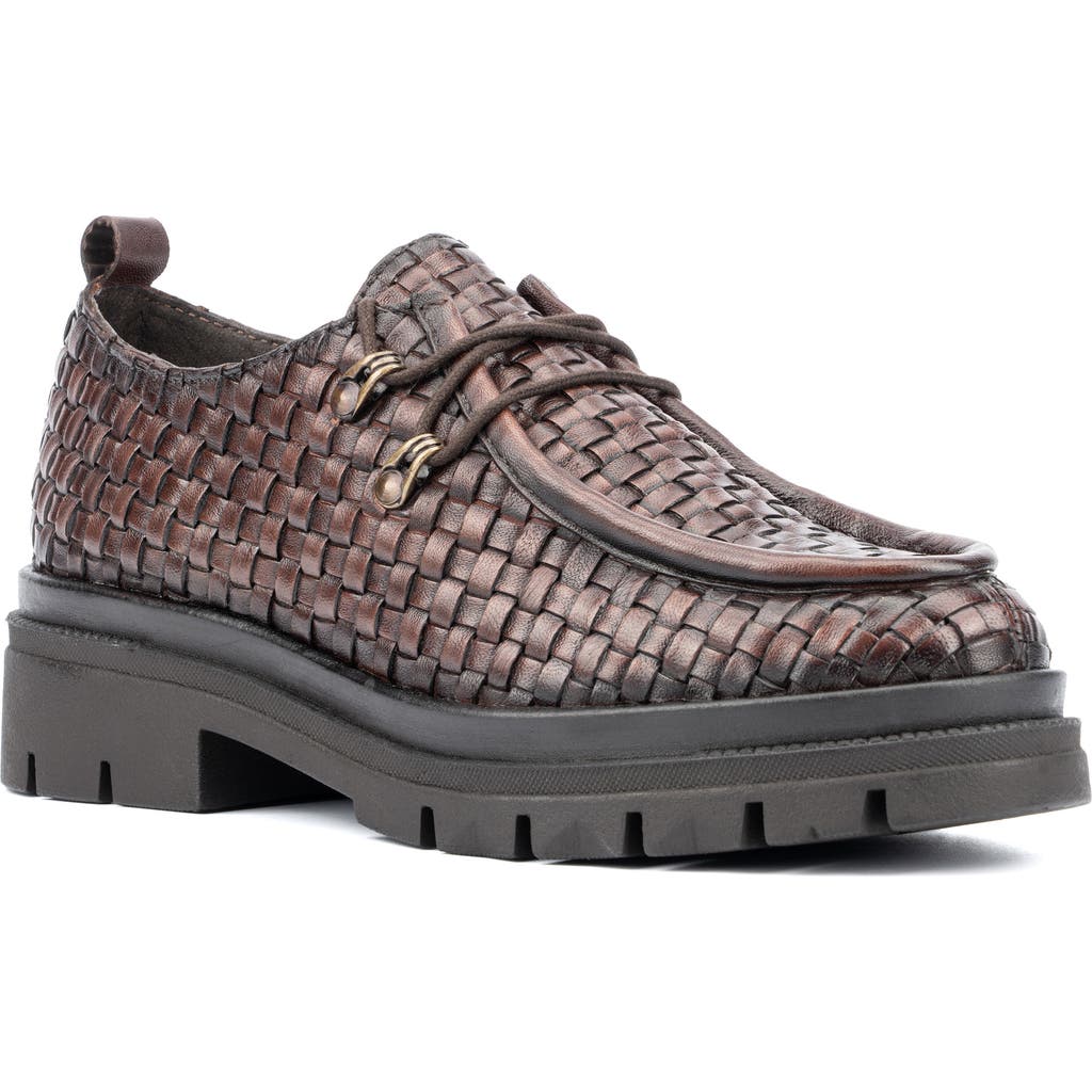 Vintage Foundry Clotilde Woven Leather Moc Toe Derby Loafer In Brown