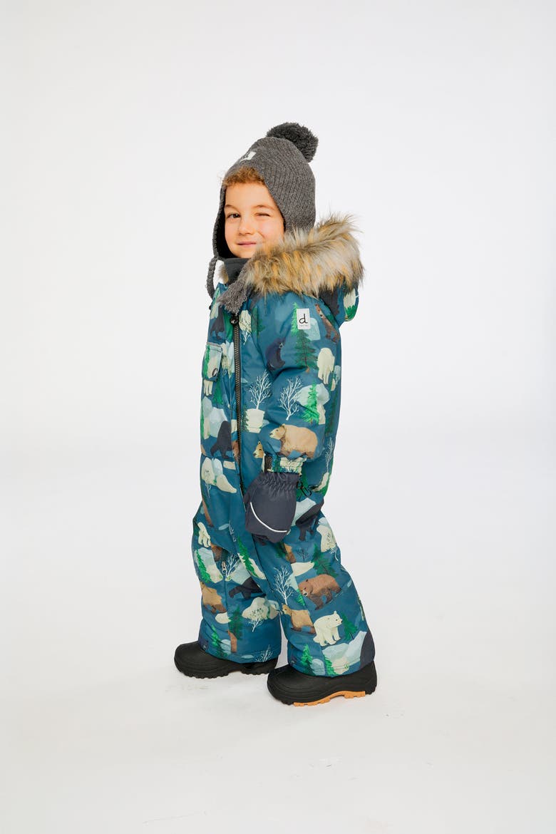 Play Bear Faux Fur Hood Car Seat One Piece Snowsuit, Alternate, color, Blue Bear Print