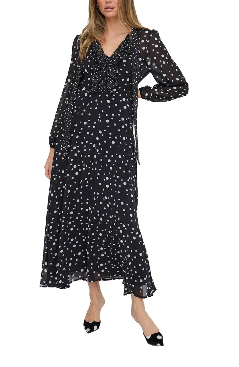 Lily and Lionel London Margot Ruffle Neck Spot Print Maxi Dress, Main, color, Black