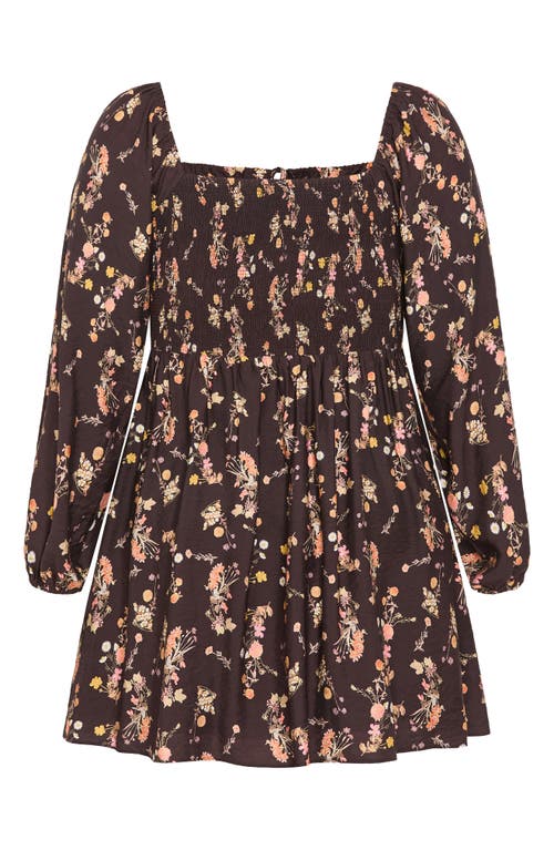 City Chic Abbie Floral Long Sleeve Minidress In Brown