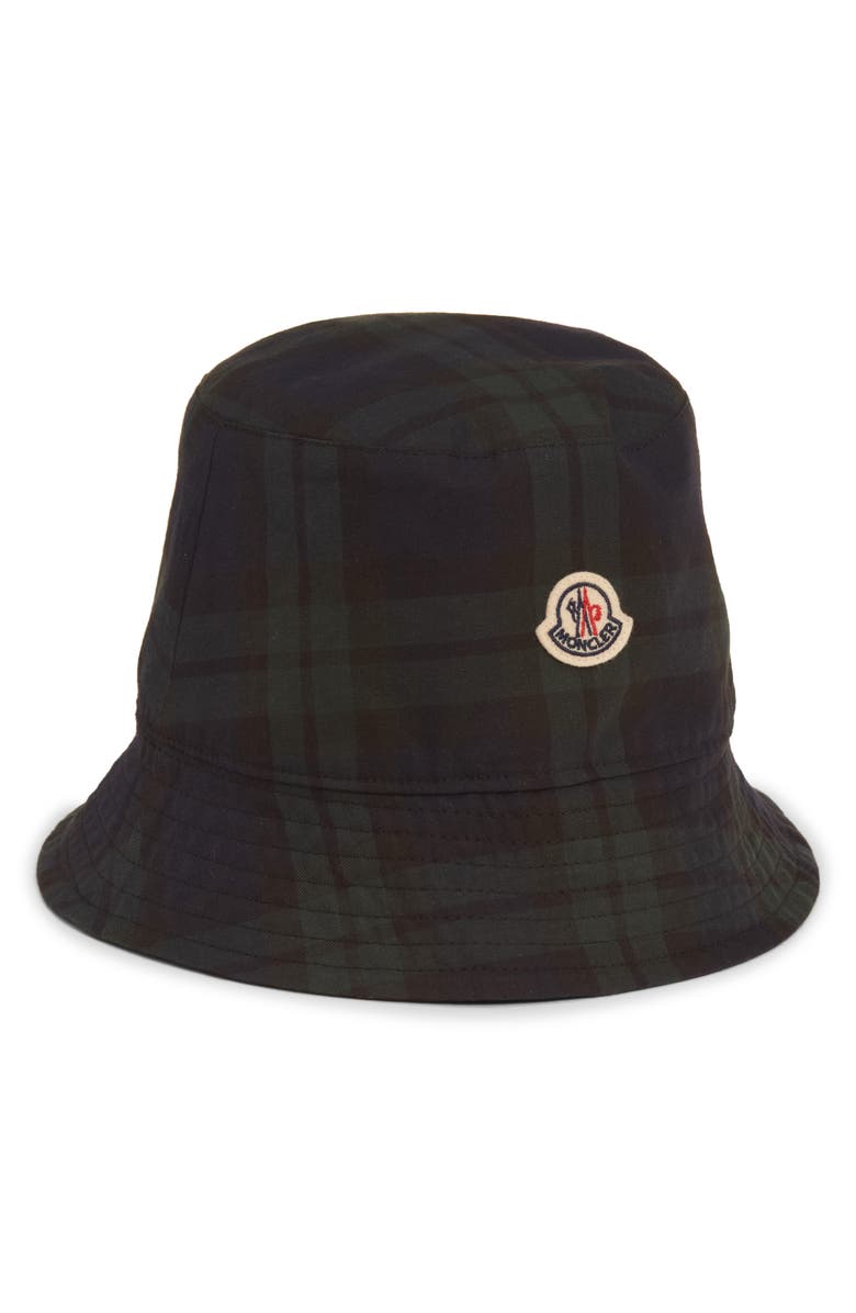 Moncler Logo Patch Plaid Bucket Hat, Main, color, Blue