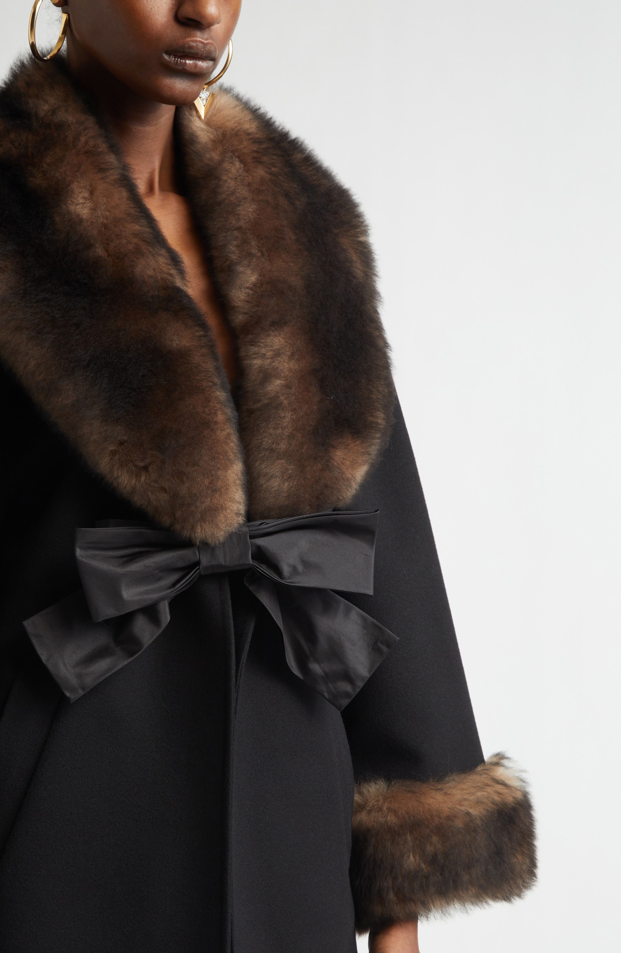 Valentino Genuine Shearling Trim Compact Wool & Cashmere Coat