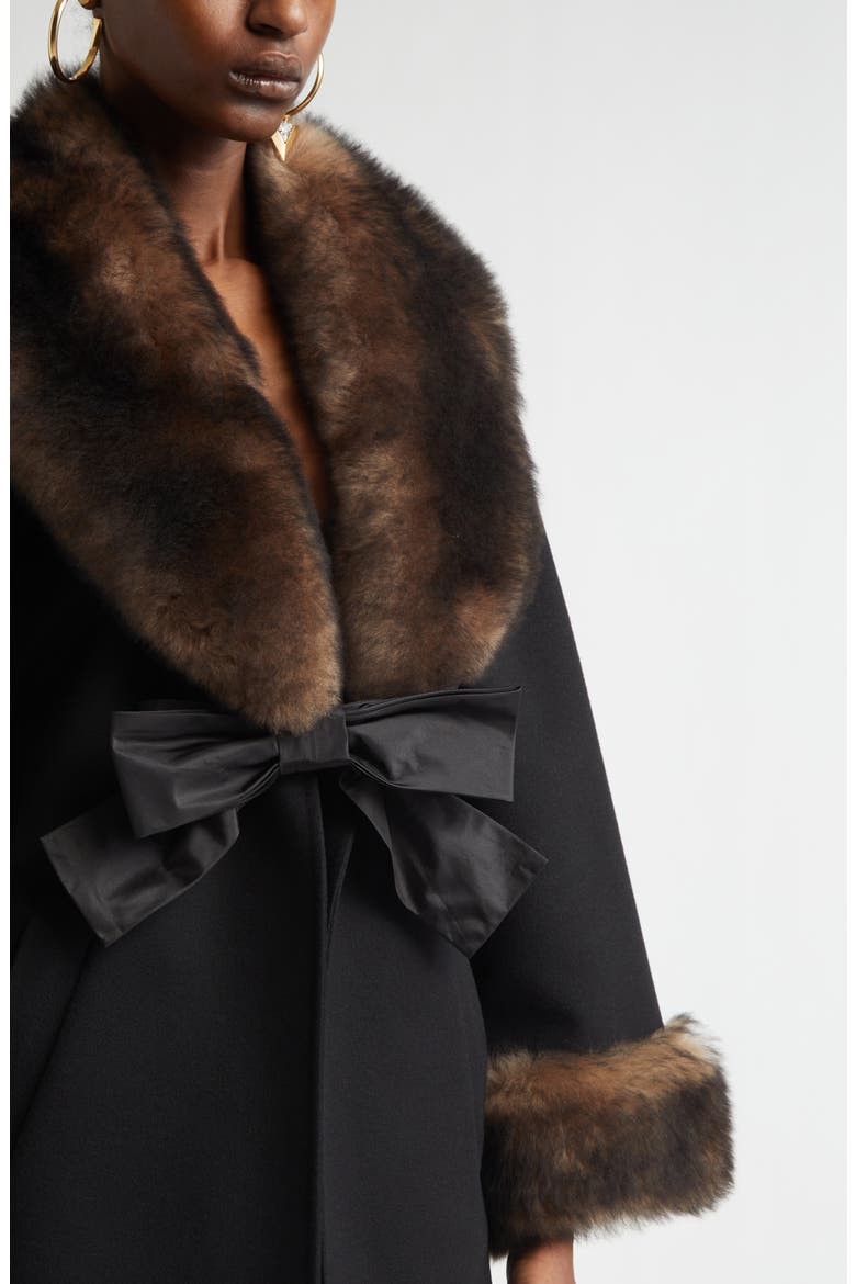 Genuine Shearling Trim Compact Wool & Cashmere Coat, Alternate, color, BLACK
