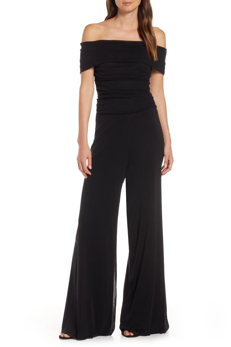 Ruched Bodice Off the Shoulder Mesh Jumpsuit, Main, color, BLACK