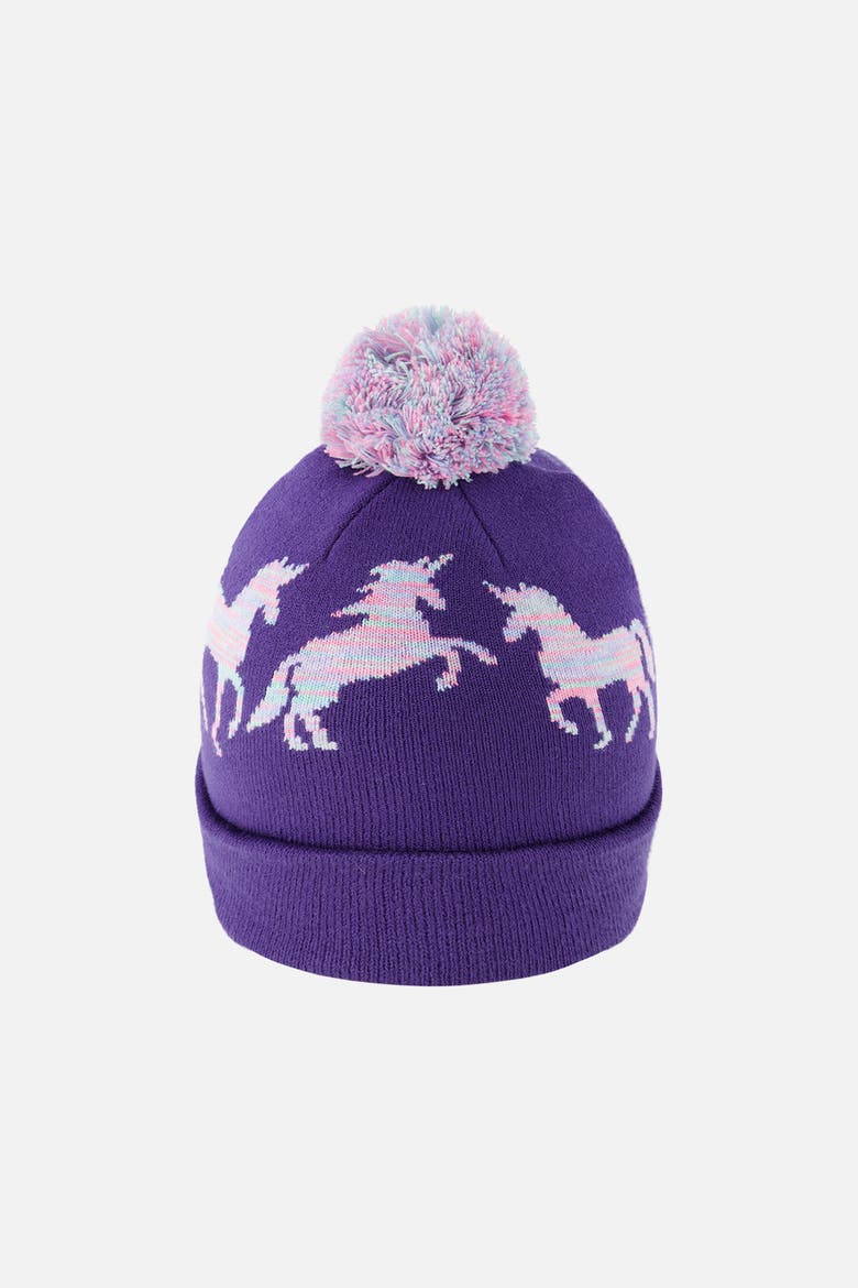 Winter Unicorn Rolled Cuff Pompom Knit Hat, Alternate, color, Purple and Blue