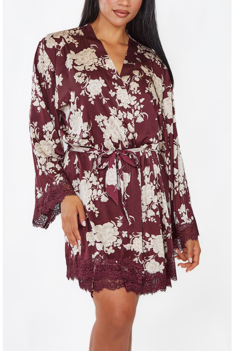 Floral Print Lace-Trimmed Satin Robe (Plus Size), Main, color, Burgundy