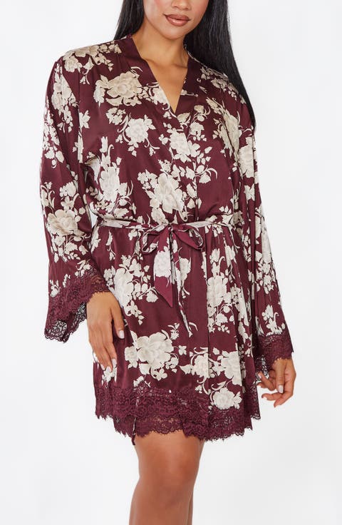 Floral Print Lace-Trimmed Satin Robe