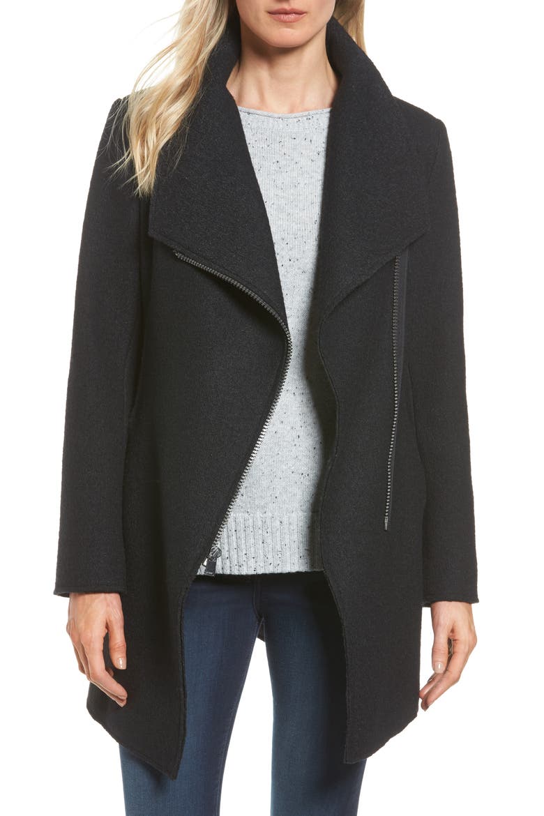 Asymmetrical Zip Boiled Wool Blend Coat, Main, color, BLACK