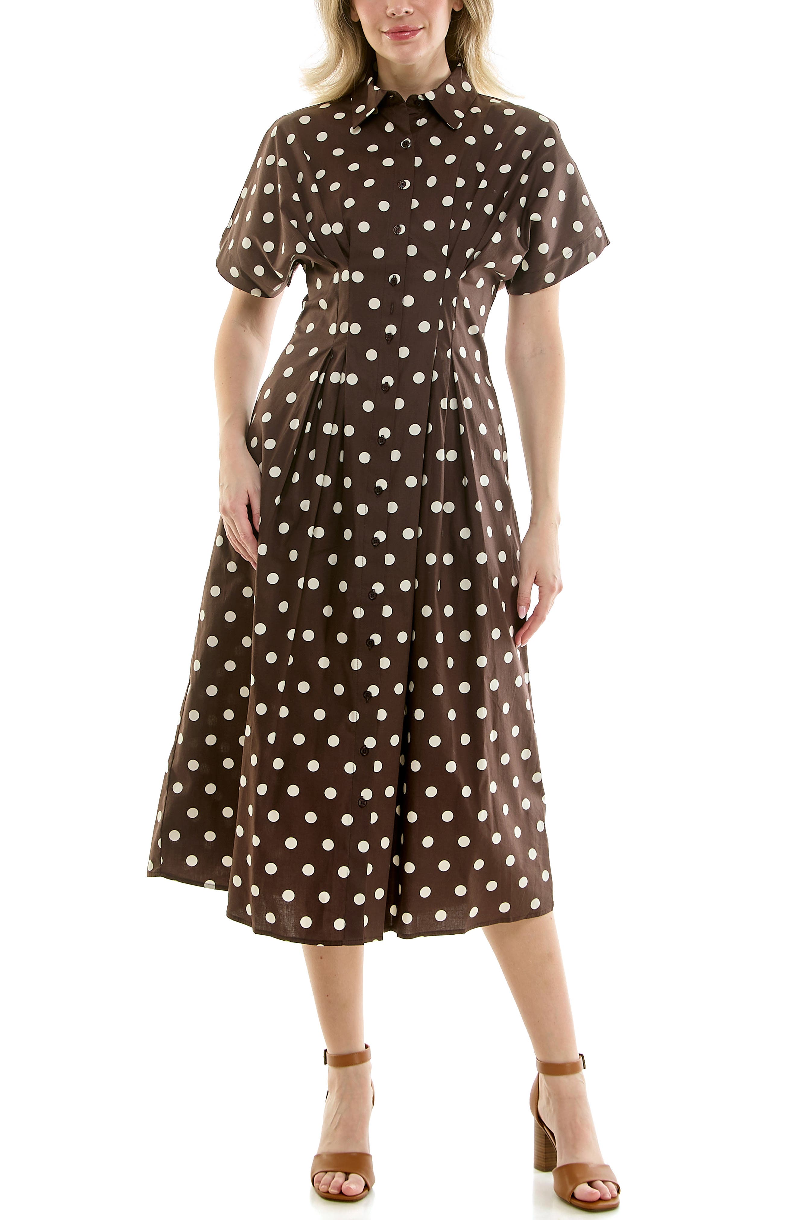 Nicole Miller Polka Dot Pintuck Waist Midi Shirtdress