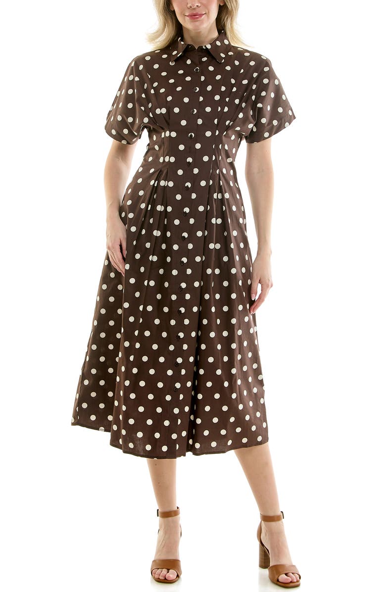 Nicole Miller Polka Dot Pintuck Waist Midi Shirtdress, Main, color, Coffee Bean Dot