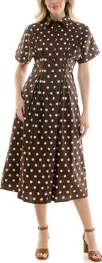 Nicole Miller Polka Dot Pintuck Waist Midi Shirtdress