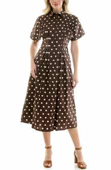 Nicole Miller Polka Dot Pintuck Waist Midi Shirtdress