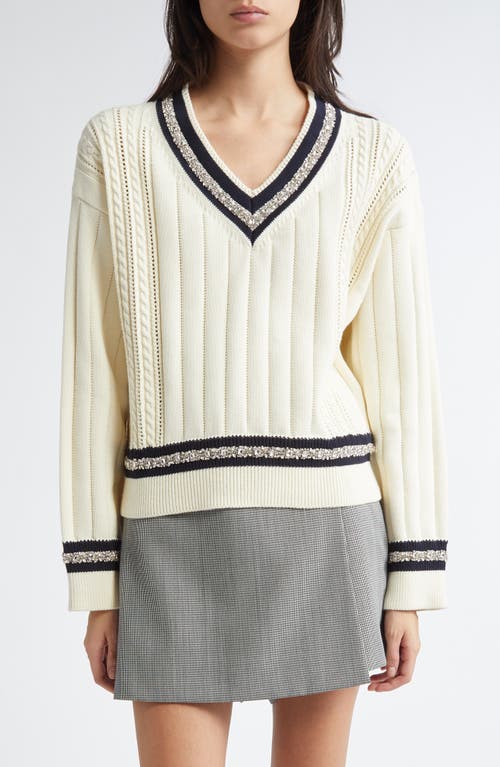 Golden Goose Cropped Sweater With Woven Pattern In Heritage White/dark Blue