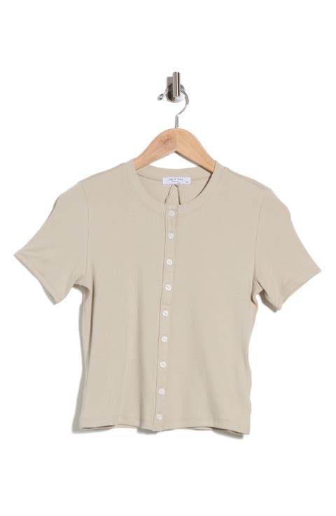Essie Short Sleeve Button-Up Crop T-Shirt