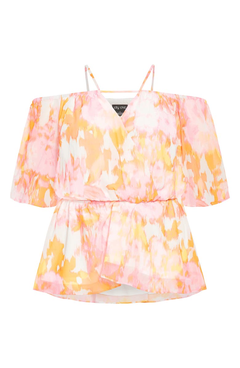 City Chic Sunset Belted Top, Alternate, color, Yellow/ Pink Print