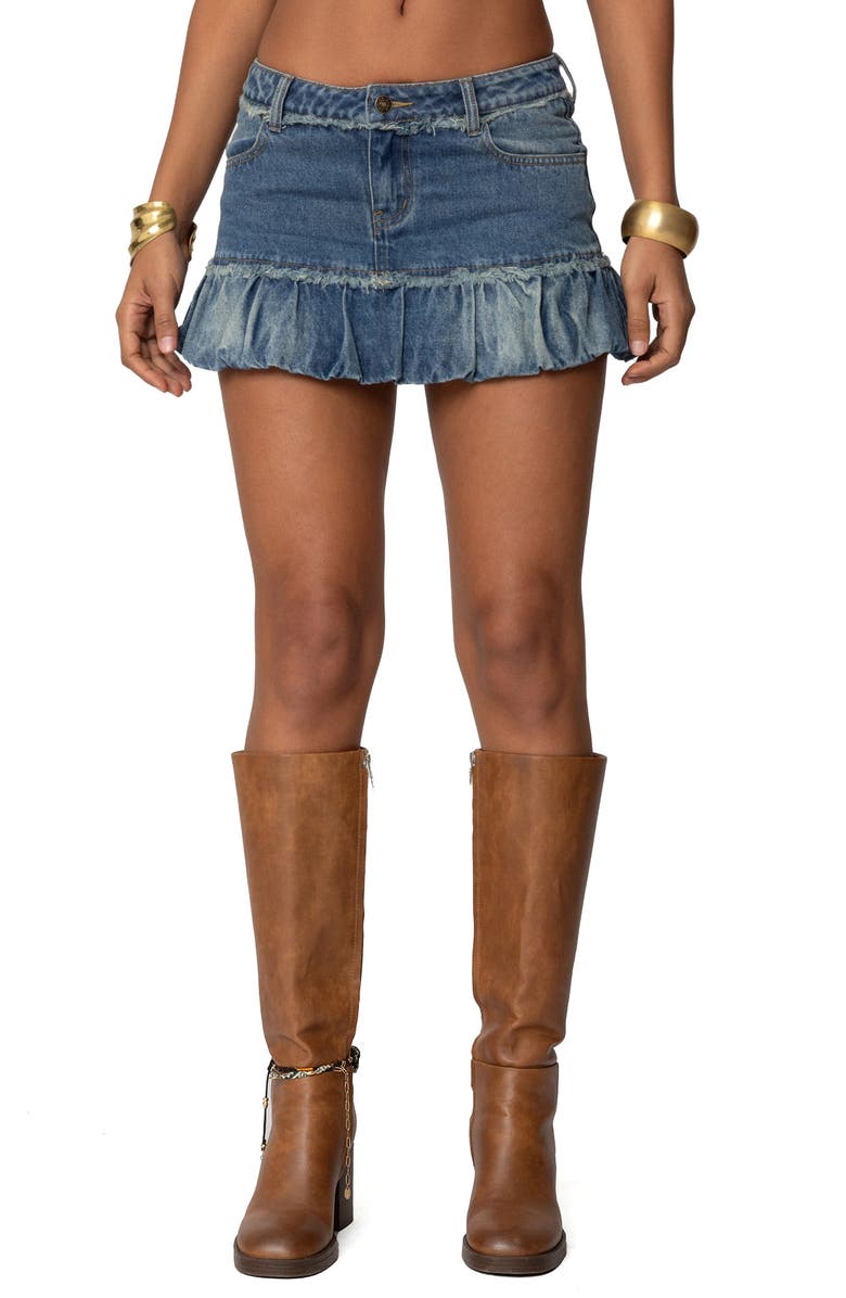 EDIKTED Bubble Hem Denim Miniskirt, Main, color, Blue-Vintage-Washed