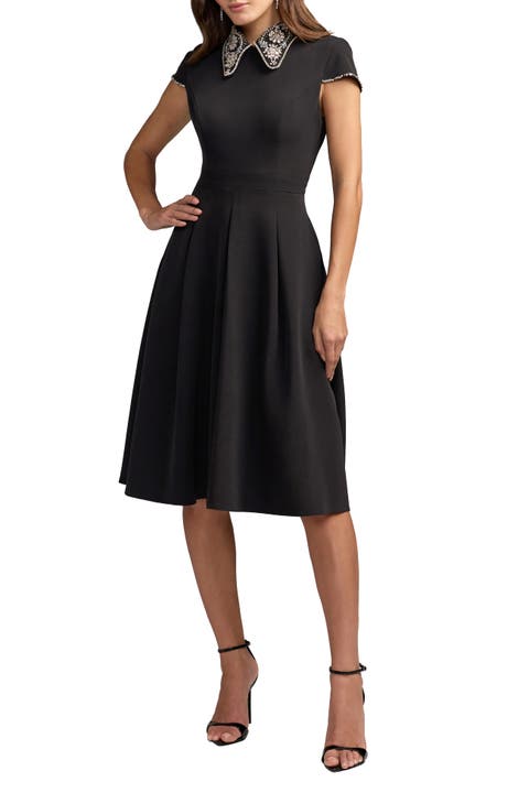 Crepe Short Sleeve Midi Dress With Beading