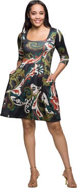 24seven Comfort Apparel Three Quarter Sleeve Fit and Flare Dress in Paisley Print