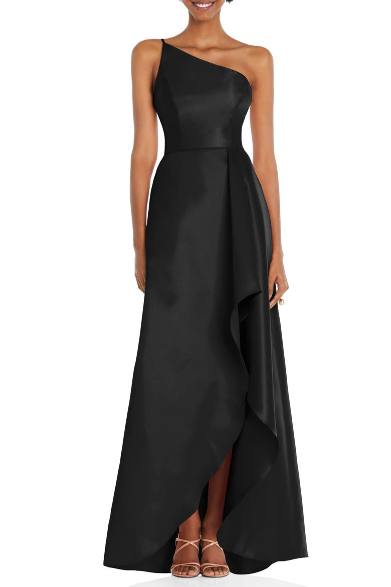 One-Shoulder Satin Gown, Main, color, BLACK