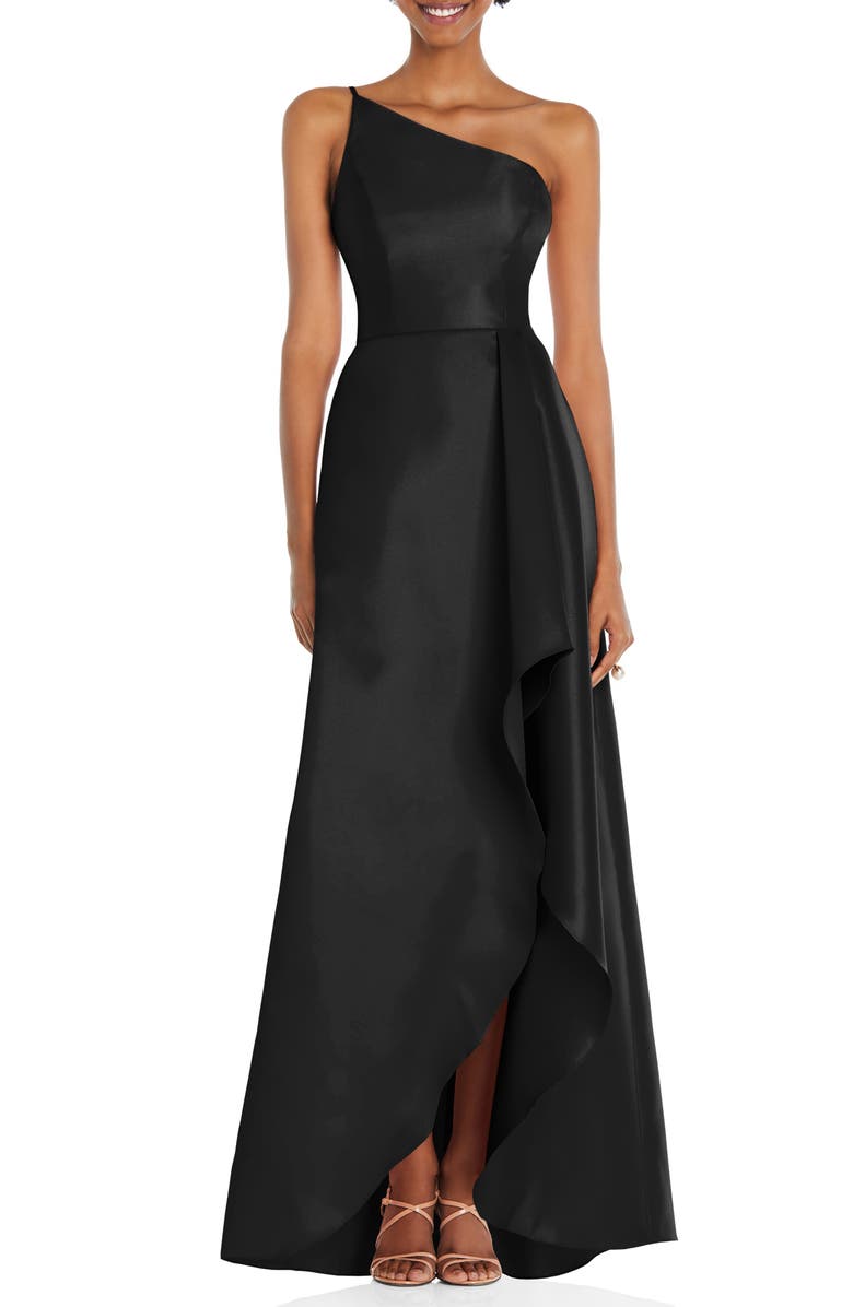 Alfred Sung One-Shoulder Satin Gown, Main, color, Black