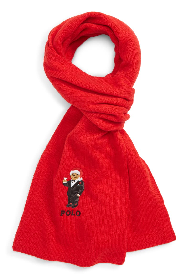 Santa Hat Martini Bear Scarf, Main, color, RED