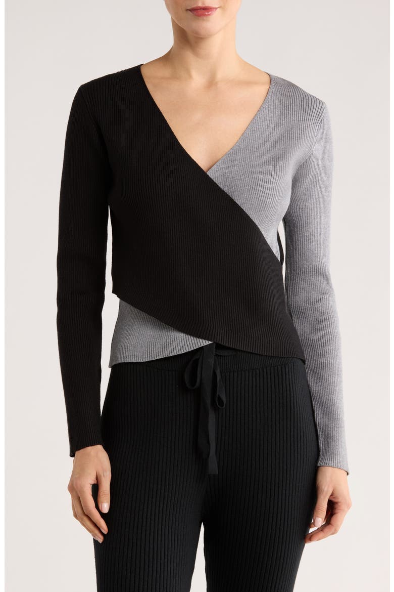 Colorblock Faux Wrap Sweater, Main, color, BLACK
