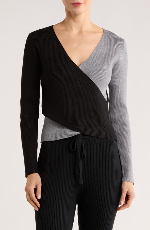 Colorblock Faux Wrap Sweater
