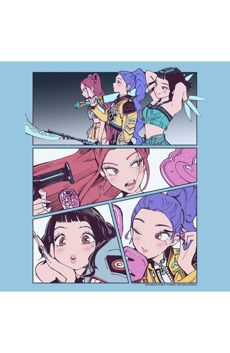 KPop Demon Hunters Boy's KPop Demon Hunters Huntrix Manhwa Panels Graphic T-Shirt, Alternate, color, Light Blue