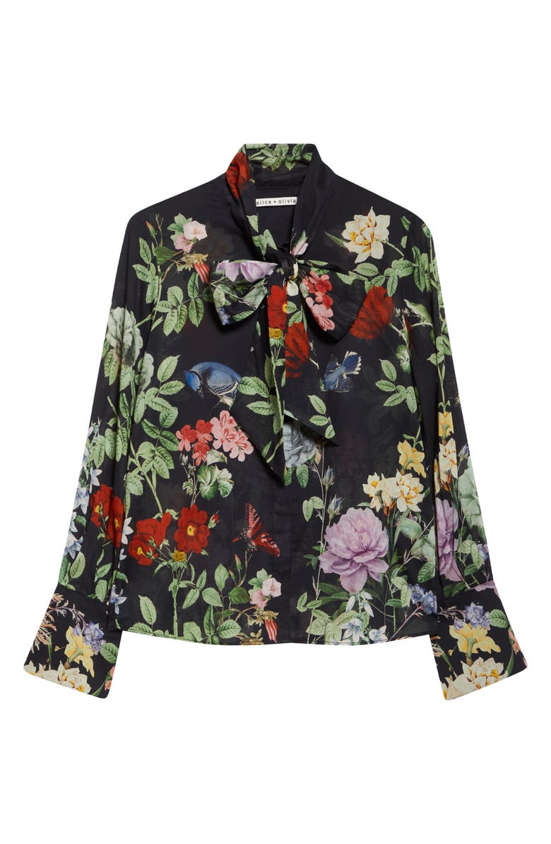 Alice + Olivia Lloyd Floral Print Tie Neck Top, Alternate, color, Venus Floral