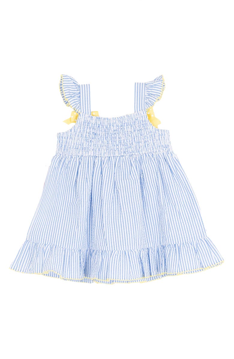 Rare Editions Ruffle Shirred Seersucker Dress & Bloomers, Alternate, color, Blue