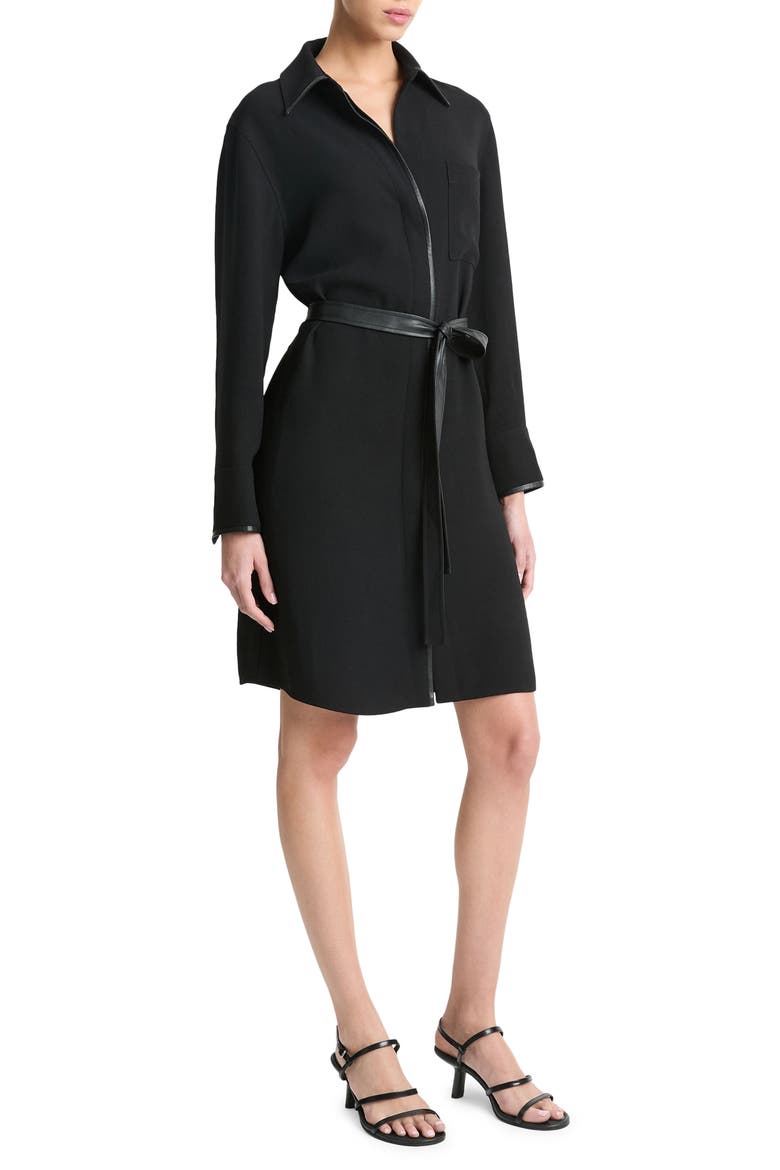Leather Trim Long Sleeve Shirtdress, Alternate, color, BLACK