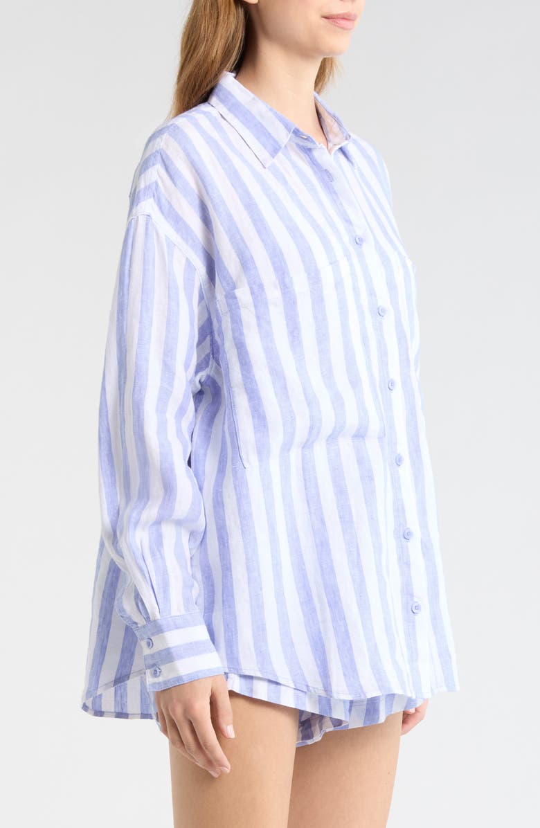 LEFT ON FRIDAY Getaway Stripe Linen Cover-Up Shirt, Alternate, color, Riptide / Coconut