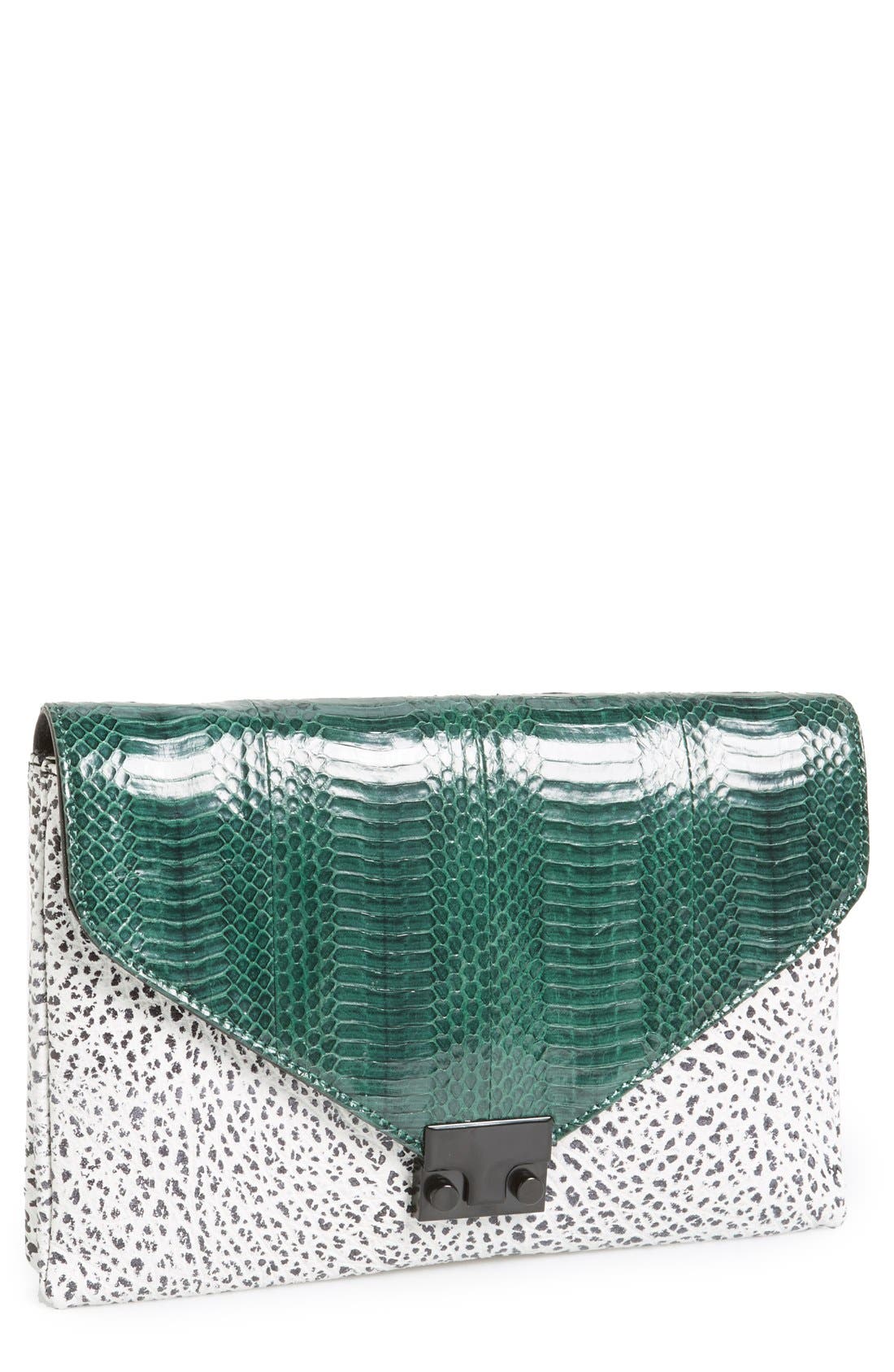 Snakeskin Envelope Flap Lock Clutch, Main, color, WHITE/ FOREST