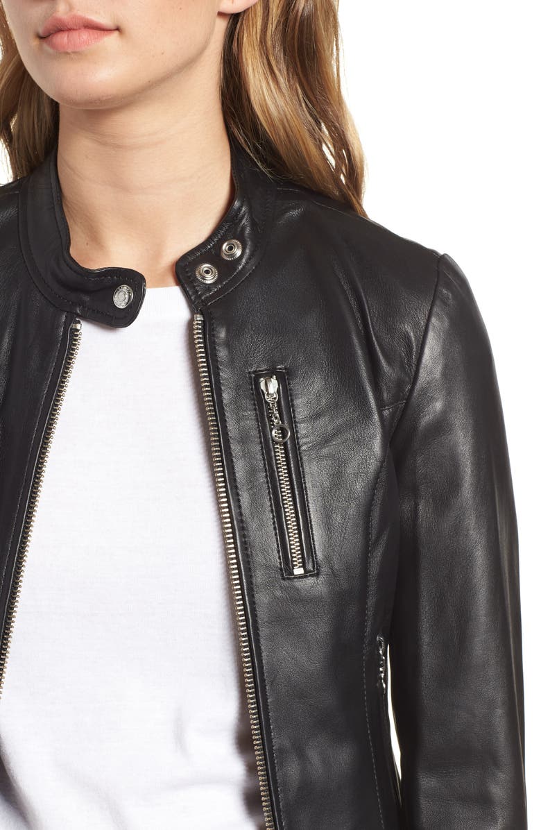 Schott NYC Lambskin Leather Moto Jacket, Alternate, color, Black