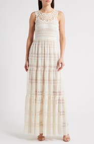 Eliza J Mixed Media Embroidered Lace Maxi Dress