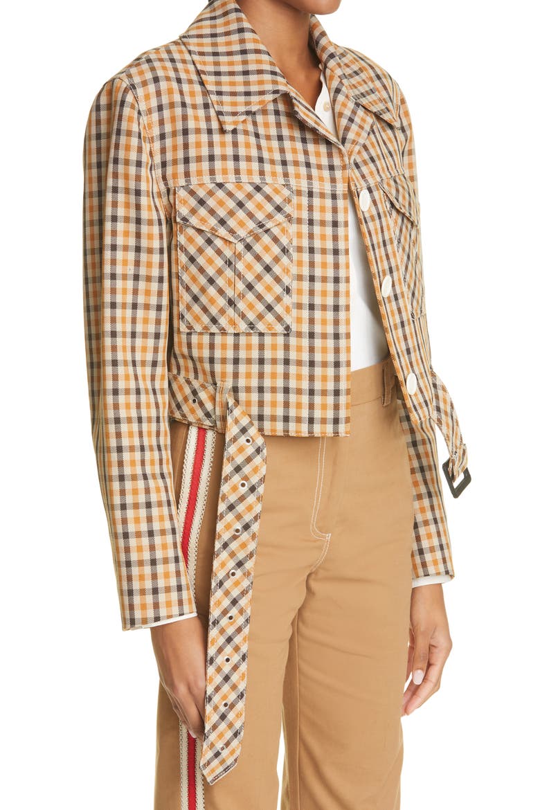 Kalimba Plaid Crochet Collar Crop Jacket, Alternate, color, BONE/ COGNAC/ CHESTNUT