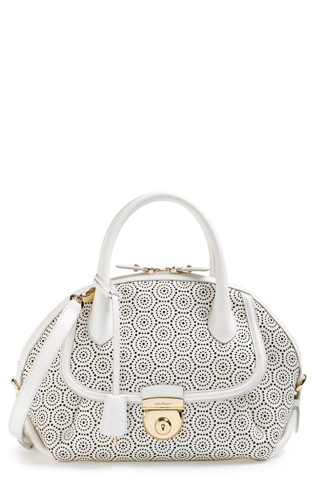 Salvatore Ferragamo 'Fiamma' Perforated Leather Dome Satchel, Main, color, NEW BIANCO