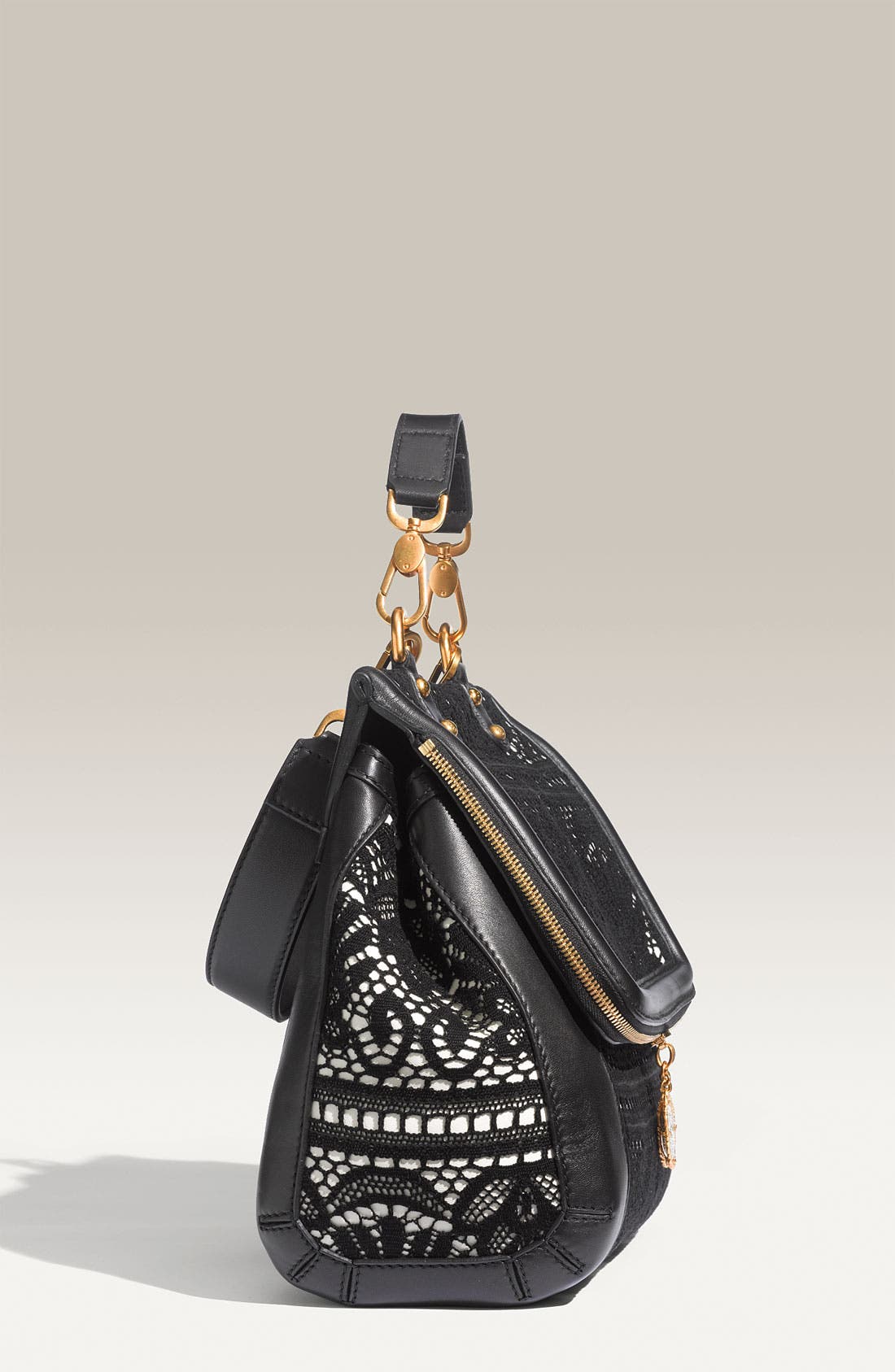 'Miss Rose' Lace & Leather Satchel, Alternate, color, BLACK