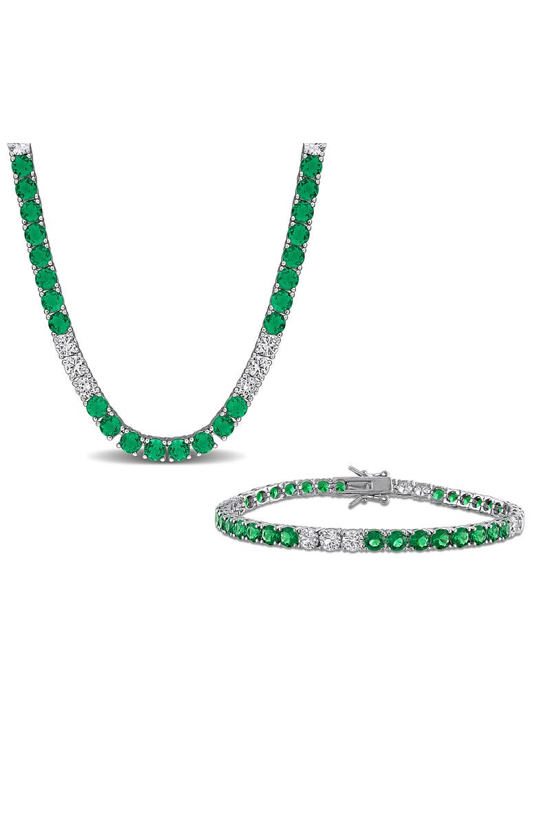 DELMAR Created Emerald & Created White Sapphire Tennis Necklace & Bracelet Set, Main, color, Green