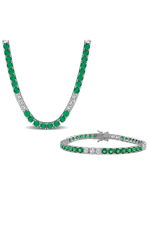 Created Emerald & Created White Sapphire Tennis Necklace & Bracelet Set