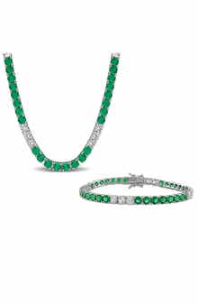 DELMAR Created Emerald & Created White Sapphire Tennis Necklace & Bracelet Set