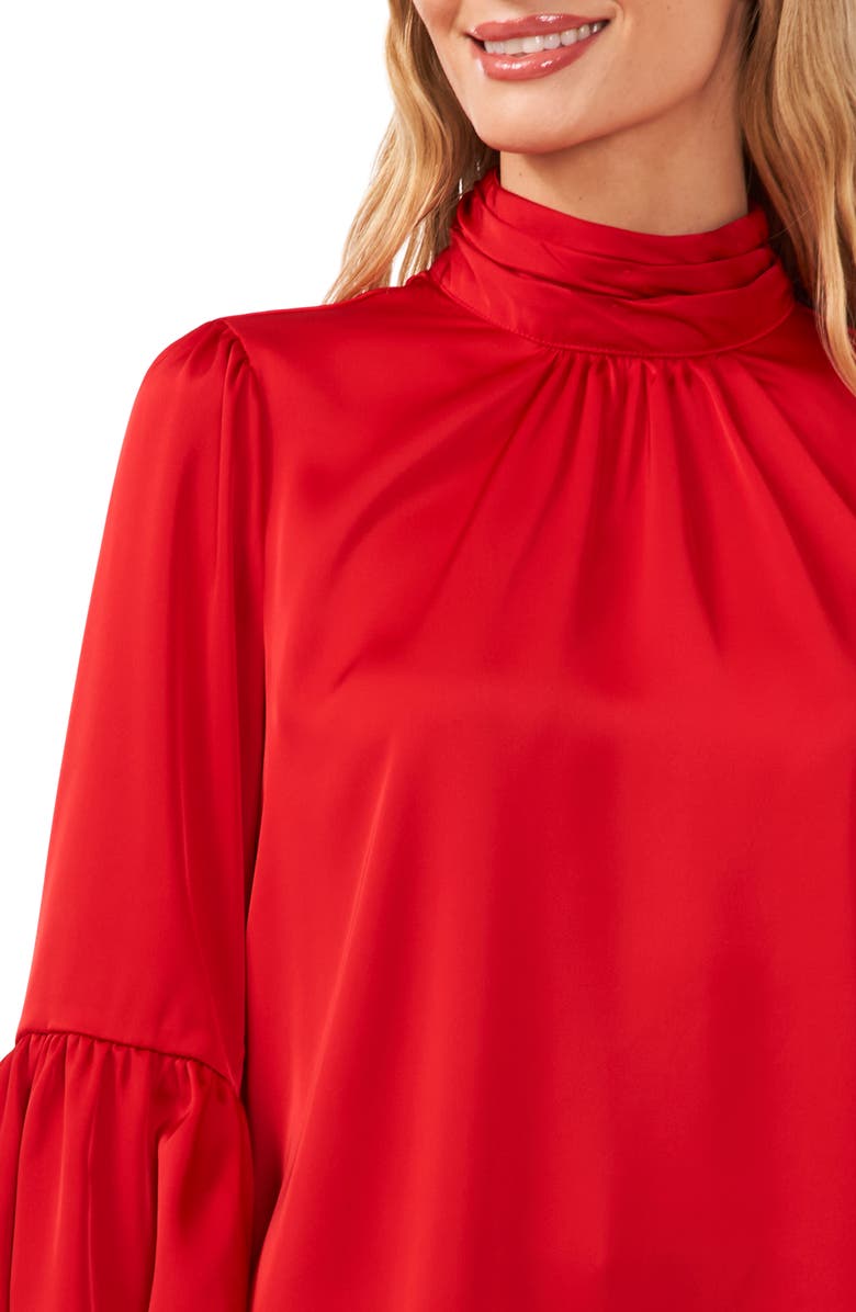 CeCe Mock Neck Blouson Sleeve Satin Top, Alternate, color, Stoplight Red
